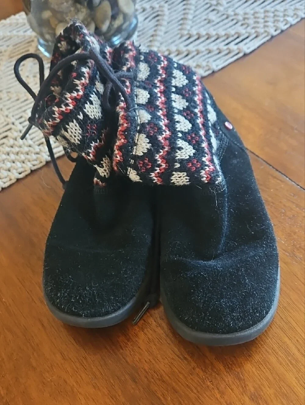 UGG Kids Black Suede Knit-Cuff Boots with Cream and Red Pattern